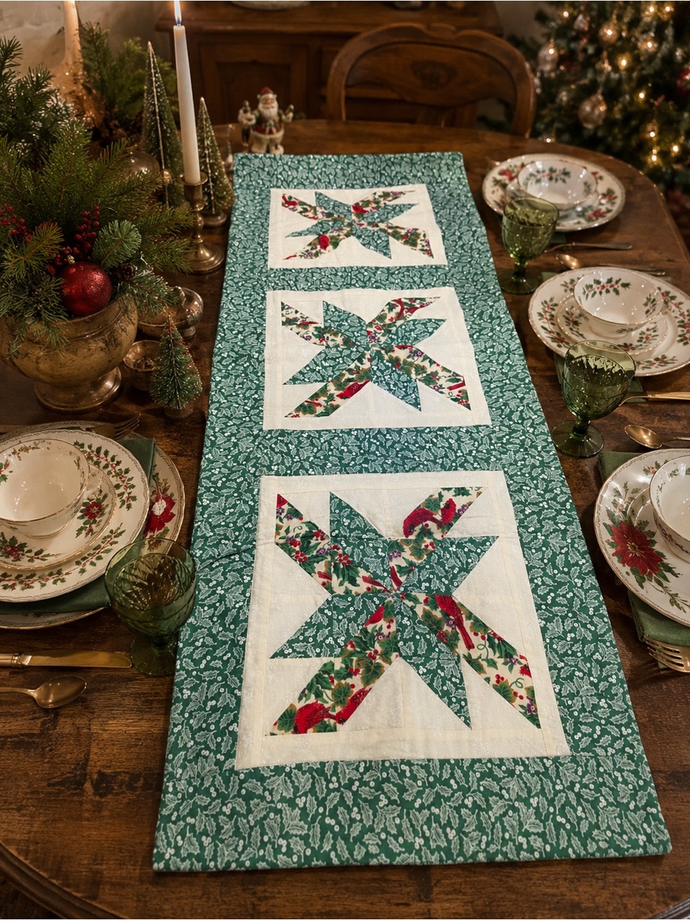 Vintage Handmade Christmas Quilted Table Runner Cardinal Patchwork Star 46”